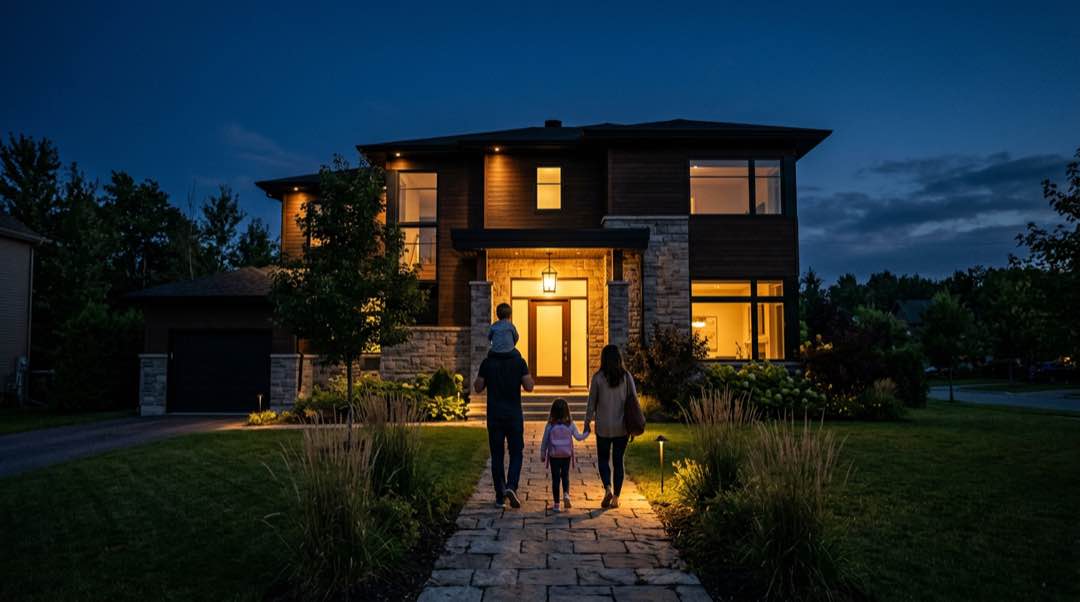 A family walking toward a warmly lit home at dusk